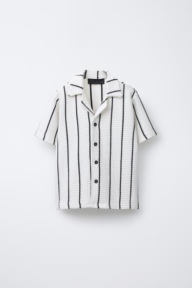 Zara STRIPED CROCHET KNIT SHIRT - Ecru / Black