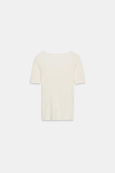 T-SHIRT CÔTELÉ DENTELLE - Blanc cassé de Zara - Image 6