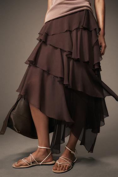 FALDA ASIMÉTRICA VOLANTES ZW COLLECTION - Marrón de Zara