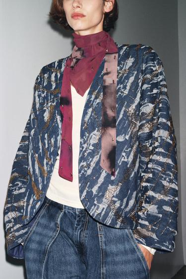 BEADED DENIM-EFFECT QUILTED KIMONO - Blue by Zara - Image 6