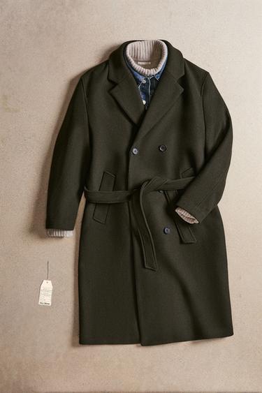 DOUBLE-BREASTED WOOL COAT WITH BELT - Dark khaki by Zara