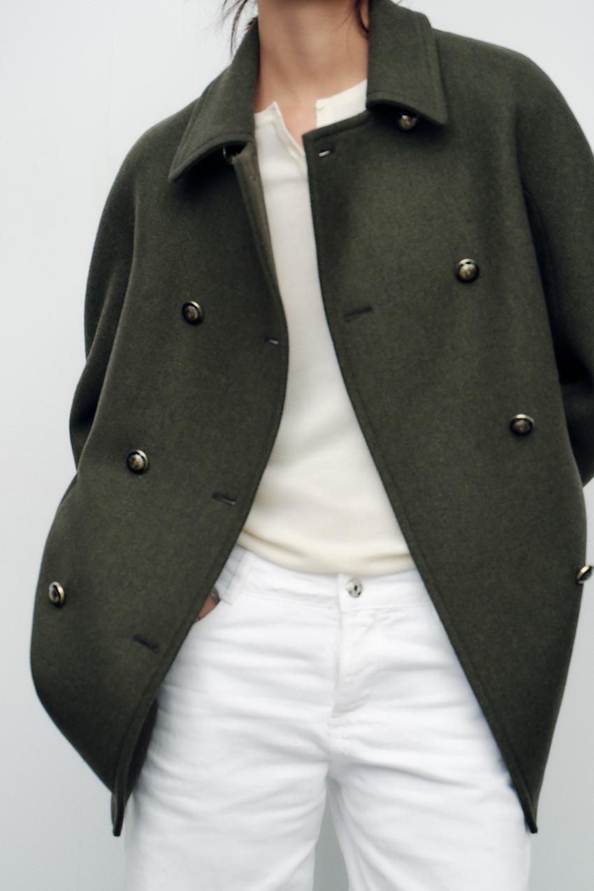 クロップド ダブルブレスト ウールブレンドコート - カーキ | ZARA 