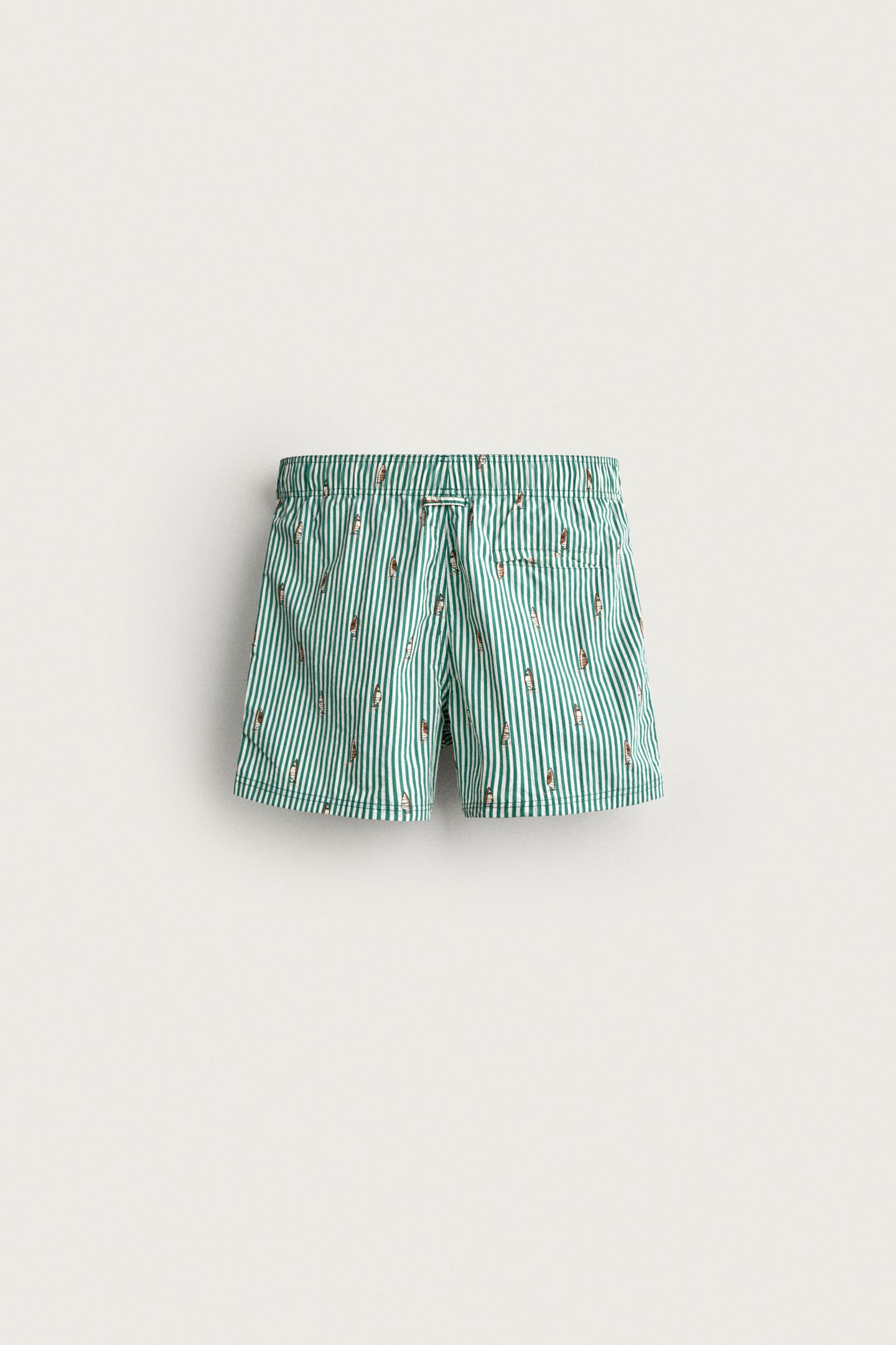 Пляжные шорты для мужчин, средней длины, в полоску — Zara, цвет: Зелёный полосатый — фото 2