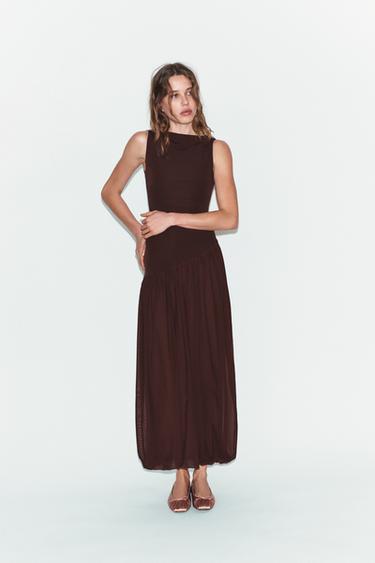Zara LONG TULLE COMBINATION DRESS - Dark brown
