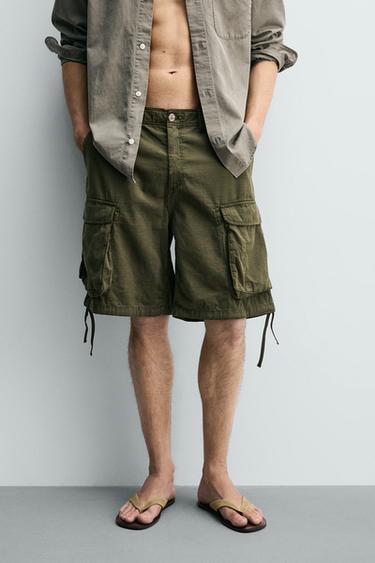 RELAXED FIT TEXTURED CARGO BERMUDA SHORTS - Khaki by Zara - Image 1