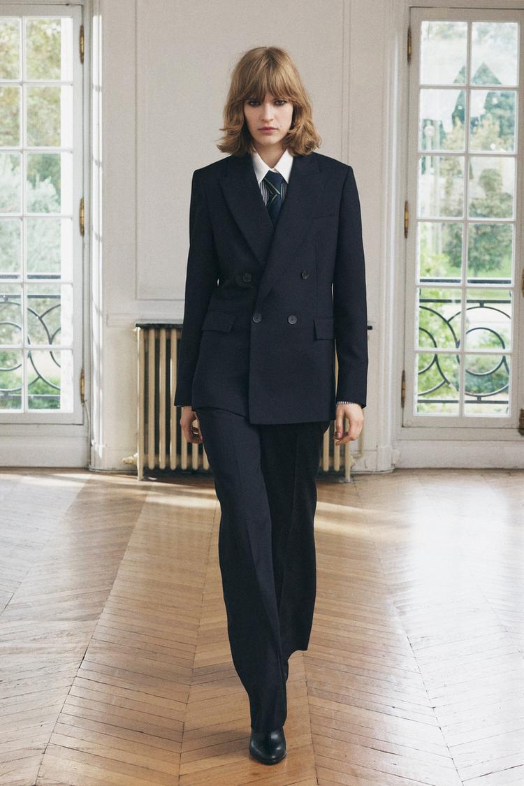 ZW COLLECTION 100% WOOL DOUBLE-BREASTED BLAZER Navy blue ZARA