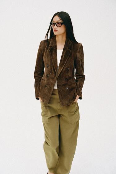 100% LEATHER SUEDE DOUBLE-BREASTED BLAZER - Khaki by Zara - Image 3