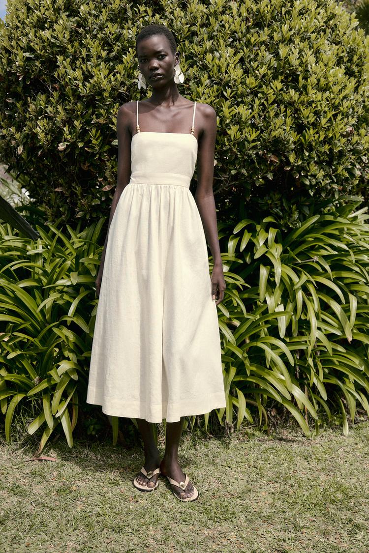 VESTIDO MIDI DE LINHO COM ALÇAS DE MIÇANGAS Cru ZARA Brasil
