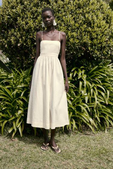 Zara LINEN BEADED STRAP MIDI DRESS - Ecru - Image 0