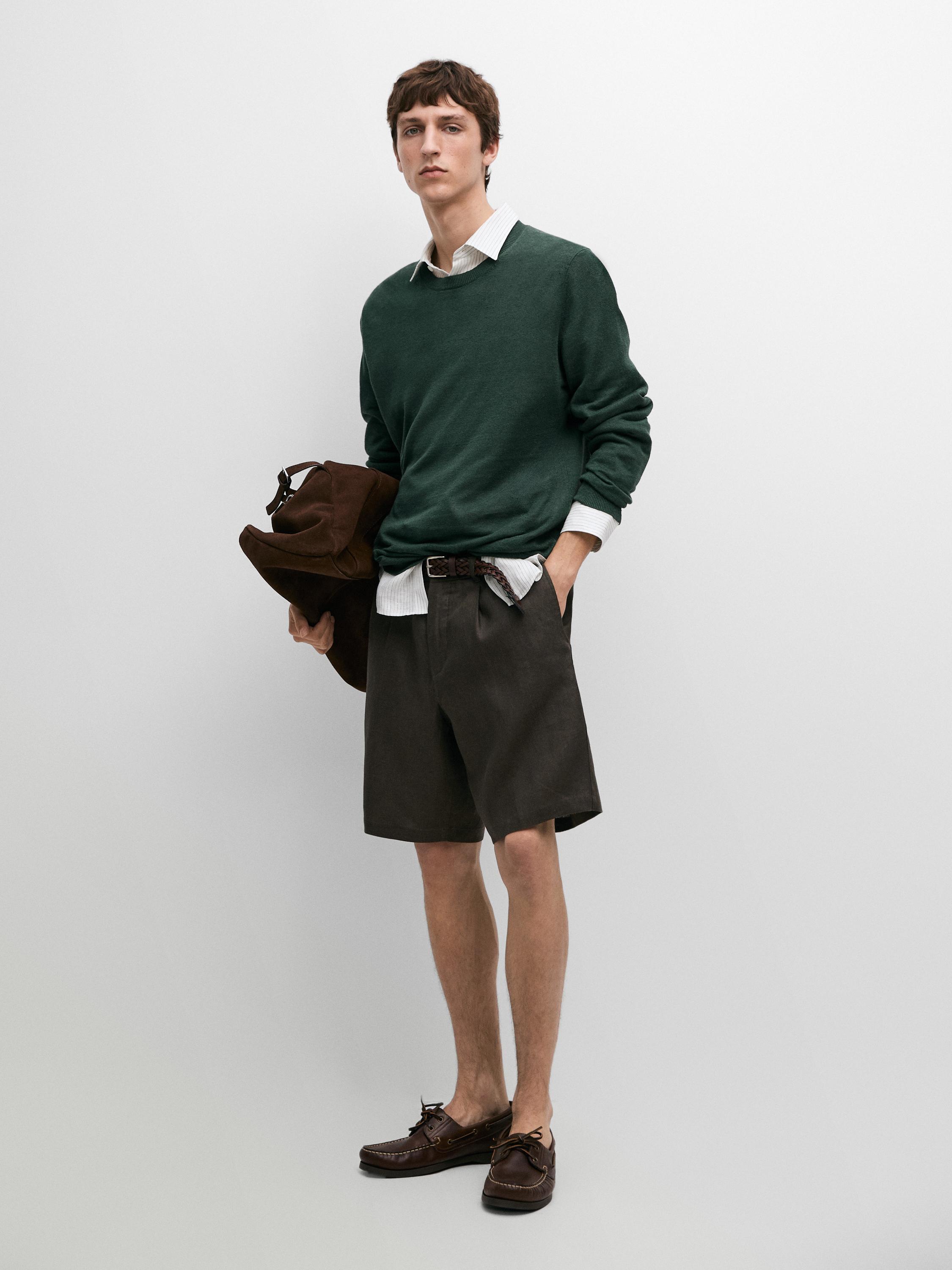 Total look linen Bermuda shorts with elasticated detail