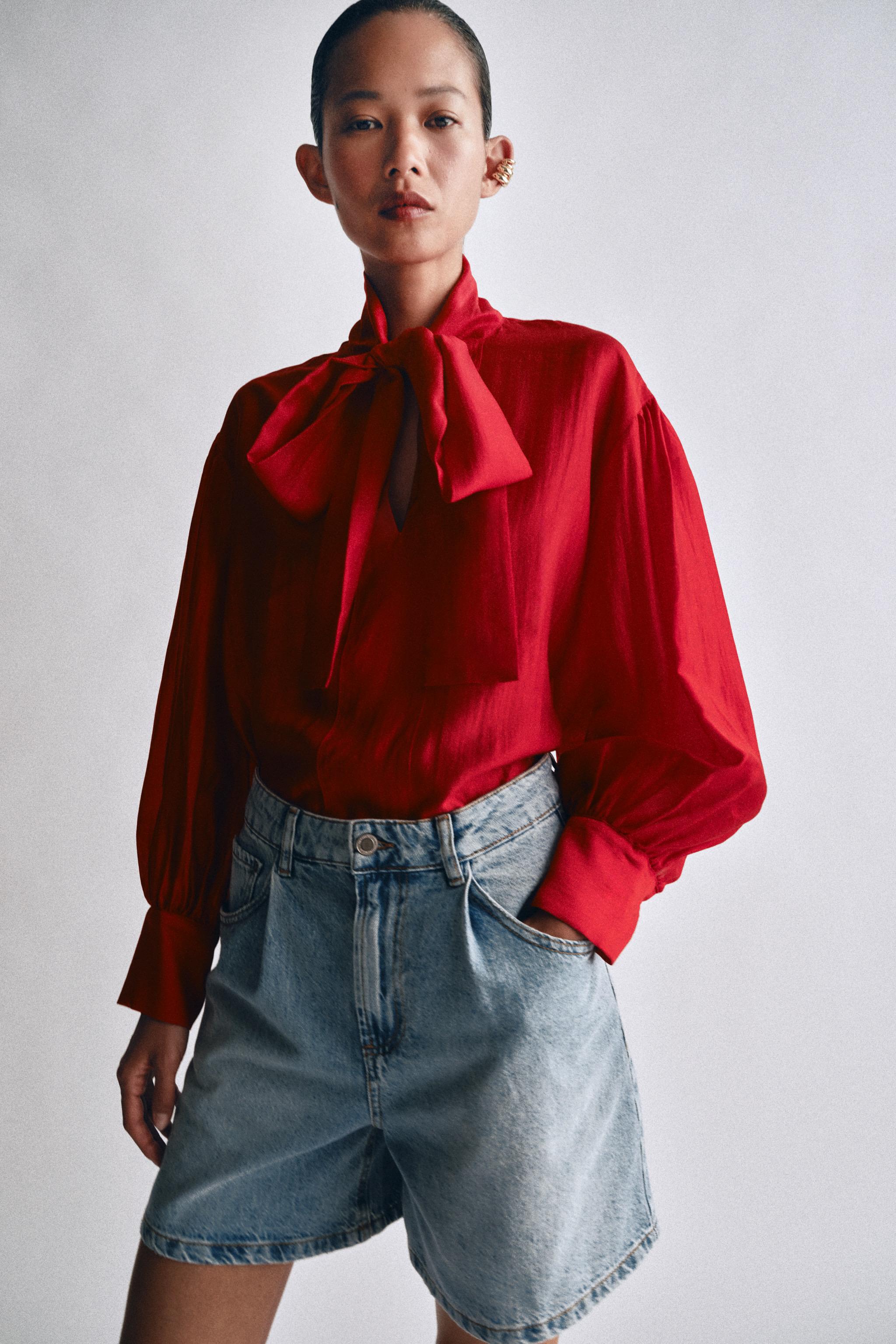 ZW COLLECTION SATIN EFFECT TIE SHIRT — Red