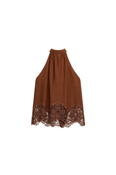 توب هاتر بتطريزات مفرغة - كراميل الخاص بـ Zara