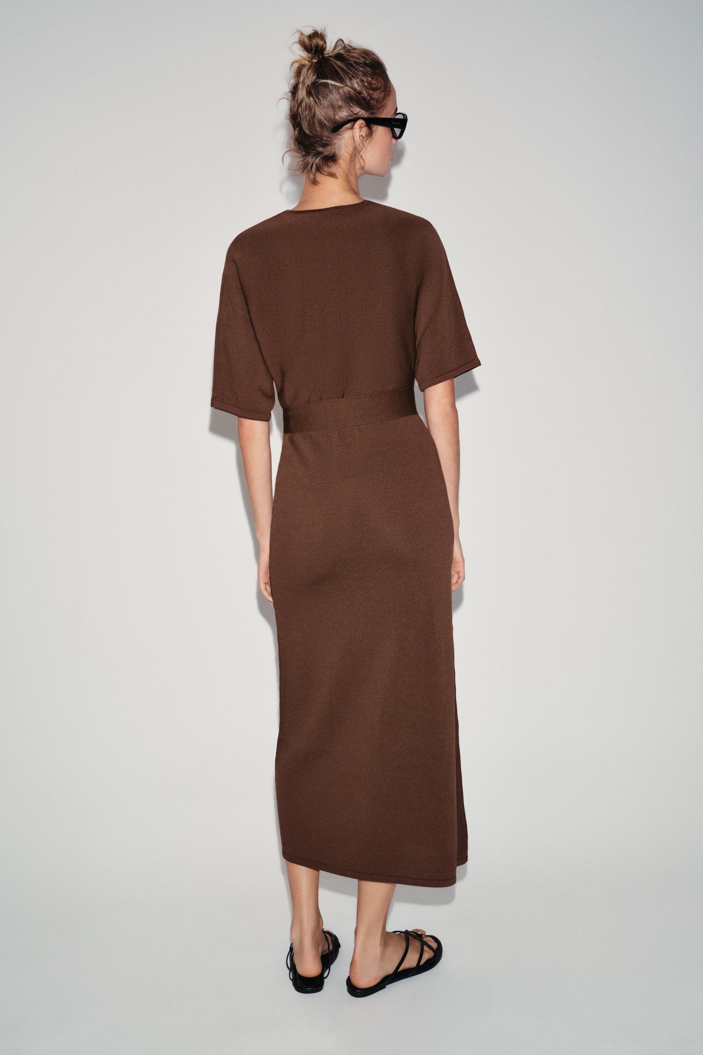 Женское платье Zara Belted Knit MIDI, цвет: Коричневый — фото 4