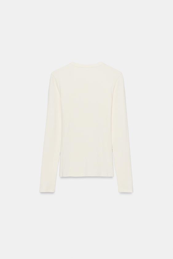 LONG SLEEVE HENLEY T-SHIRT - Ecru by Zara - Image 3