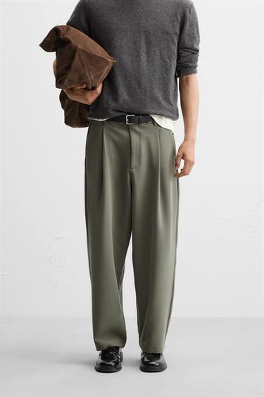 Zara RELAXED FIT PLEATED PANTS - Khaki