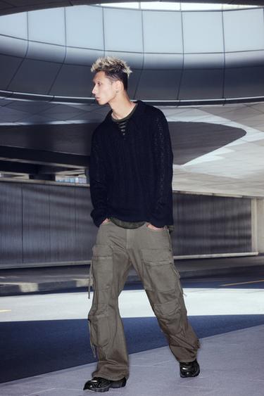 Zara 牛仔工裝多口袋長褲 - 沙色