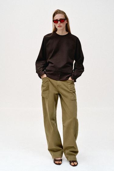 Zara COMBINATION POPLIN T-SHIRT - Chocolate brown
