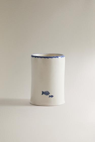 COPO PORTA-ESCOVAS CERÂMICA PEIXE - Azul / Branco da Zara - Imagem 0