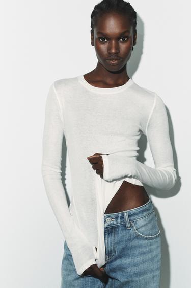 CAMISETA MANGA LARGA ALGODÓN - Blanco roto de Zara