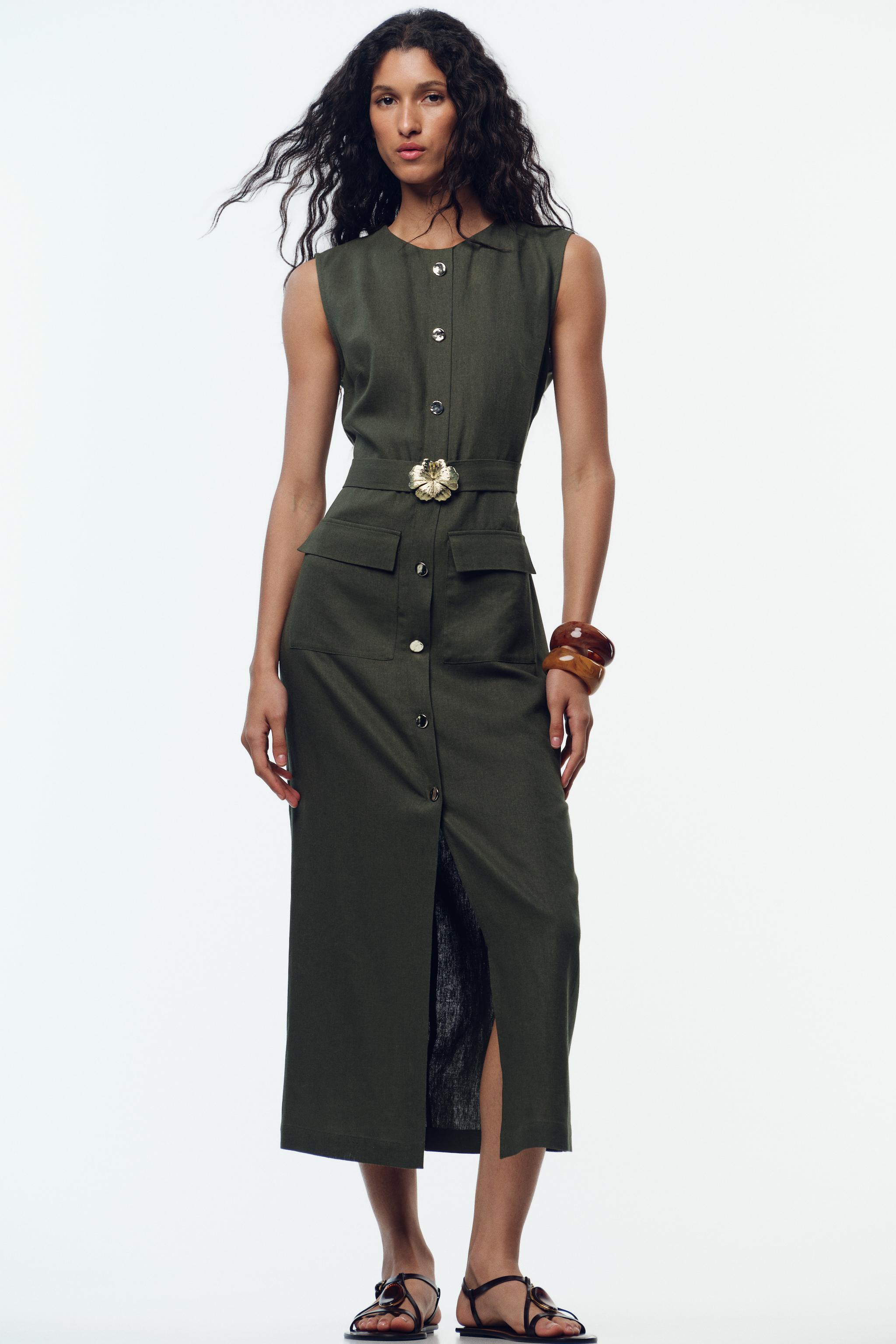 LINEN BELTED MIDI DRESS - Dark khaki | ZARA United States
