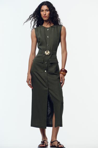 LINEN BLEND MIDI DRESS WITH BELT - Dark khaki by Zara