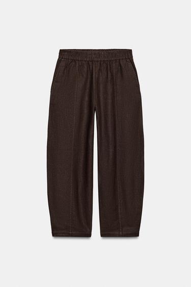 BARREL LINEN BLEND TROUSERS - Brown by Zara