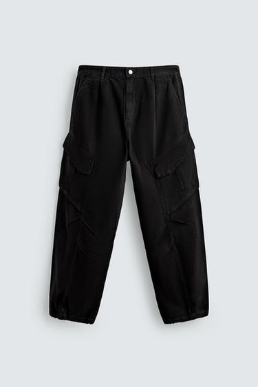 Zara RELAXED FIT CARGO PANTS - Black