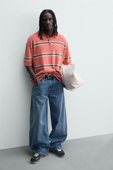 POLO EN MAILLE RELAXED FIT À RAYURES - Rouge de Zara - Image 5