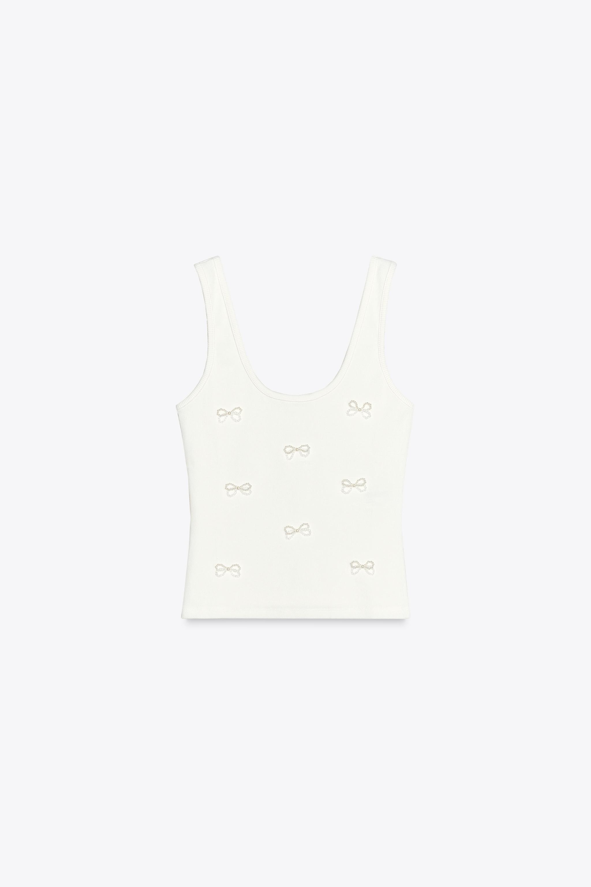 ラインストーン＆フェイクパールリボン付きTシャツ - ホワイト