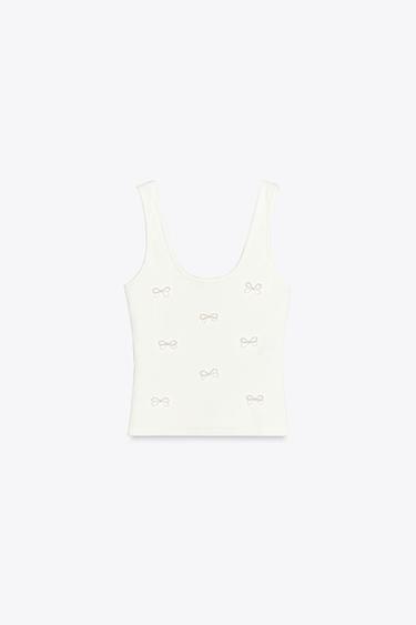 T-SHIRT WITH RHINESTONE AND FAUX PEARL BOWS - White by Zara