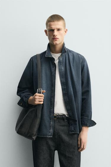 Zara ZIP-UP DENIM SHIRT - Blue