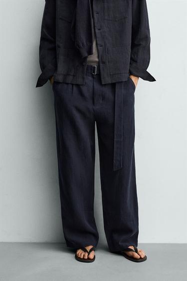 PANTALÓN RELAXED FIT 100% LINO CINTURÓN - Marino de Zara