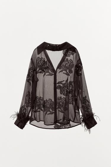 SEMI-SHEER SEQUIN FEATHER BLOUSE - Brown by Zara