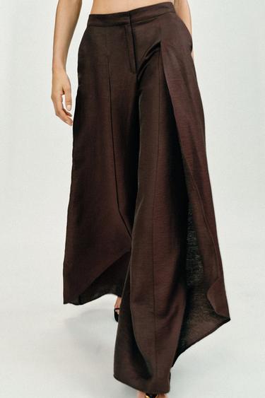 LINEN BLEND WIDE-LEG TROUSERS - Brown by Zara