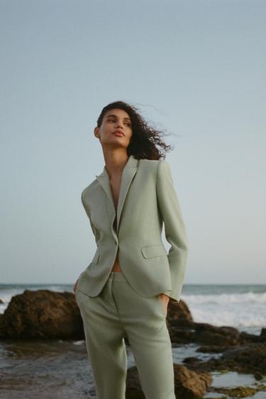 Zara RUSTIC LINEN BLEND SUIT JACKET - Khaki