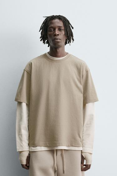 Zara HEAVYWEIGHT REVERSE EFFECT T-SHIRT - Sand
