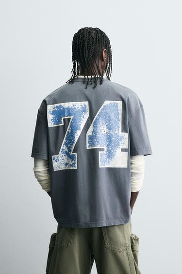 Zara WASHED PRINT T-SHIRT - Faded blue