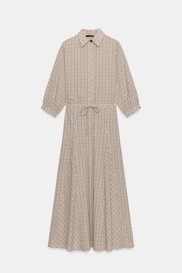 VESTIDO CAMISERO CUADROS GODETS - Crudo / Beige de Zara - Imagen 0