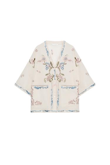 Zara ZW COLLECTION EMBROIDERED SHIRT - Ecru