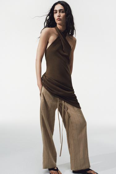 Zara KNIT HALTER MIDI DRESS - Khaki