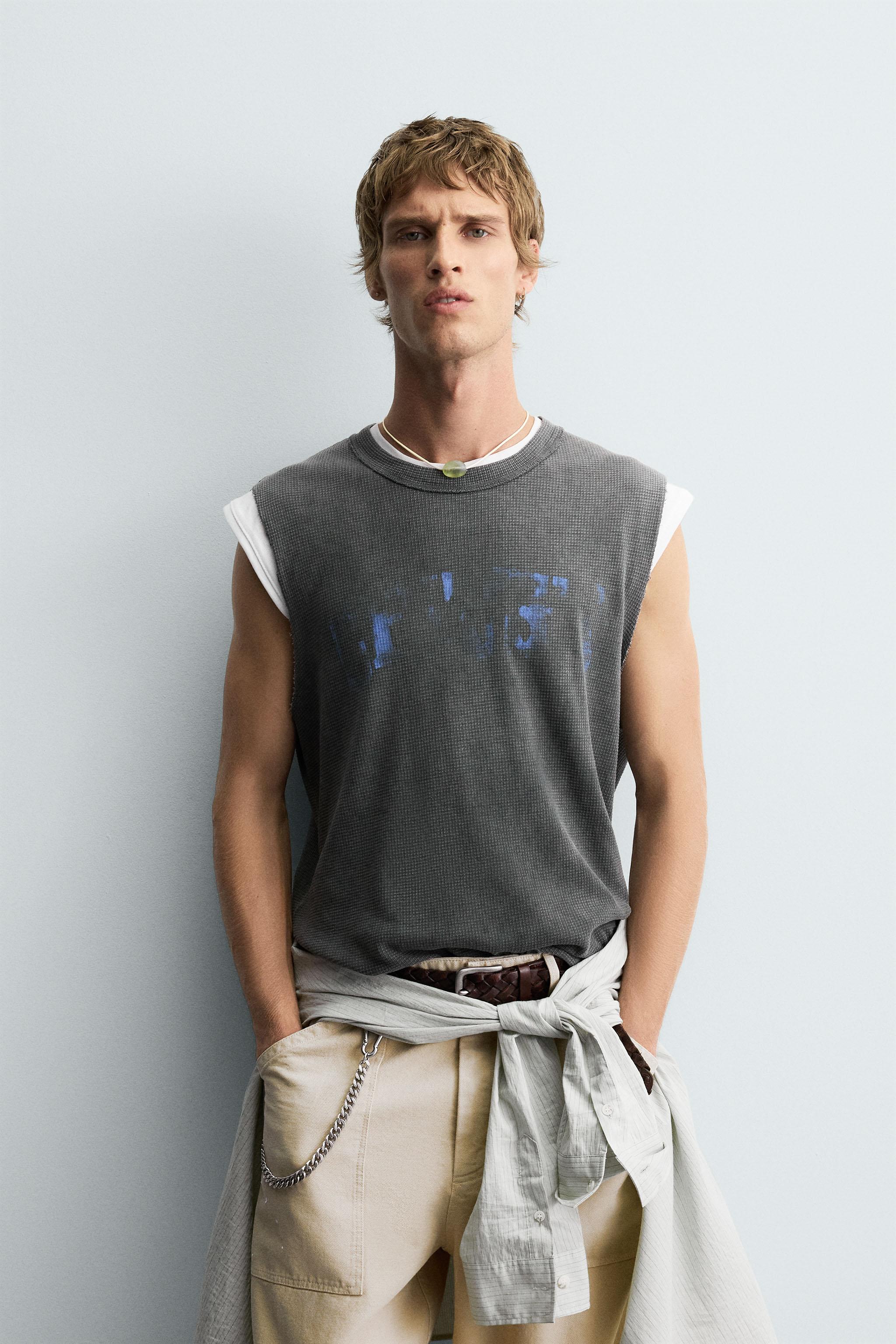 PRINTED WASHED KNIT TANK TOP - Anthracite grey | ZARA United