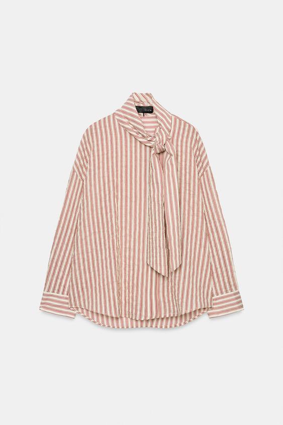 STRIPED SHIRT WITH BOW - Ecru / Red by Zara - Image 0