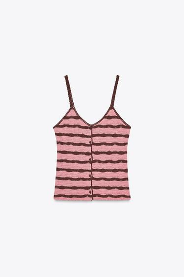 STRIPED KNITTED CROP TOP WITH STRAPS - Pink by Zara
