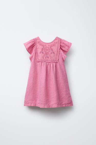 Zara 100% LINEN EMBROIDERED PATCH DRESS - Mid-pink