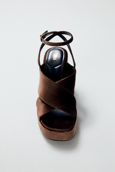 Zara VELVET EFFECT PLATFORM SANDALS - Brown