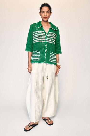 STRIPED CUTWORK POLO CARDIGAN - Green by Zara