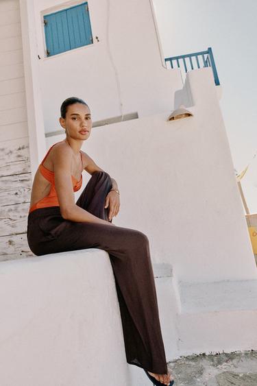 Zara FLOWY WIDE LEG PANTS - Brown
