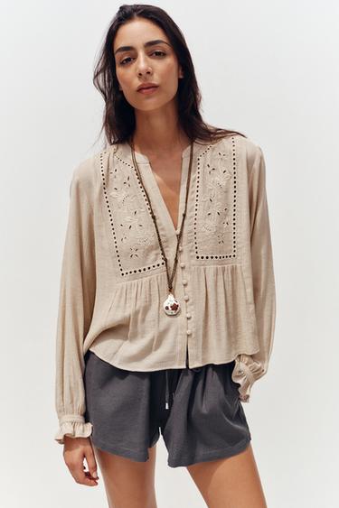 Zara SHORT EMBROIDERED EYELET BLOUSE - Sand