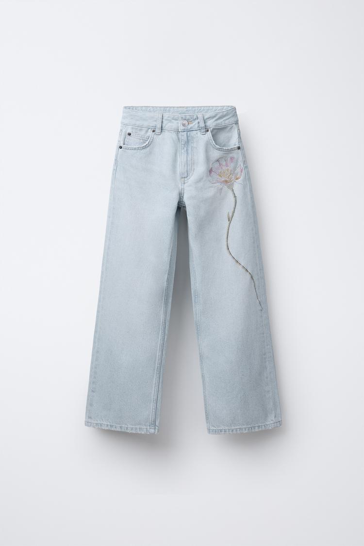 PALE BLUE JEANS WITH FLORAL EMBROIDERY, BABY