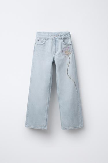 Zara EMBROIDERED FLOWER WIDE LEG JEANS - Light blue